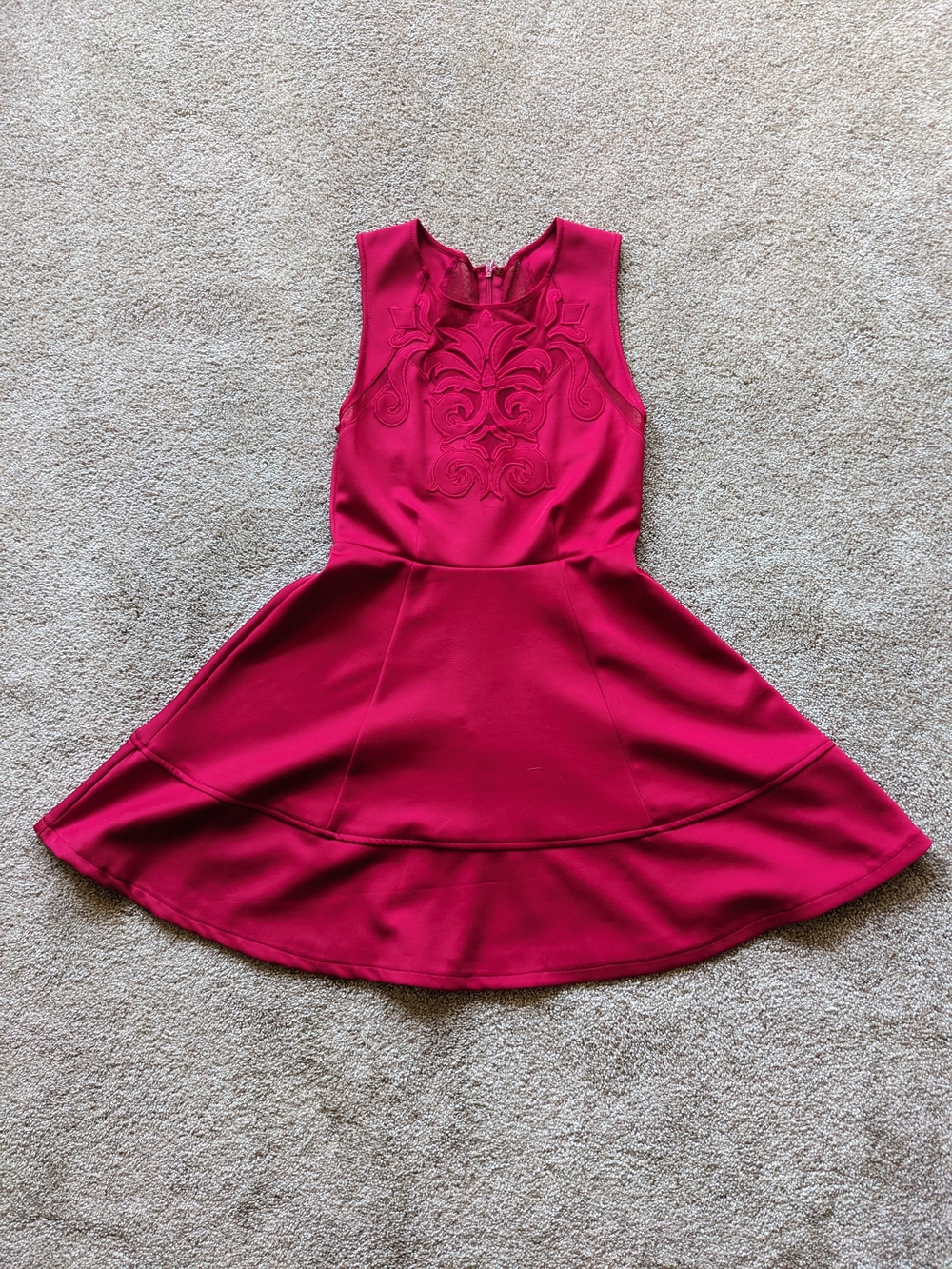 Cherry Red Fit and Flare Dress with Embroidered Mesh Cutouts